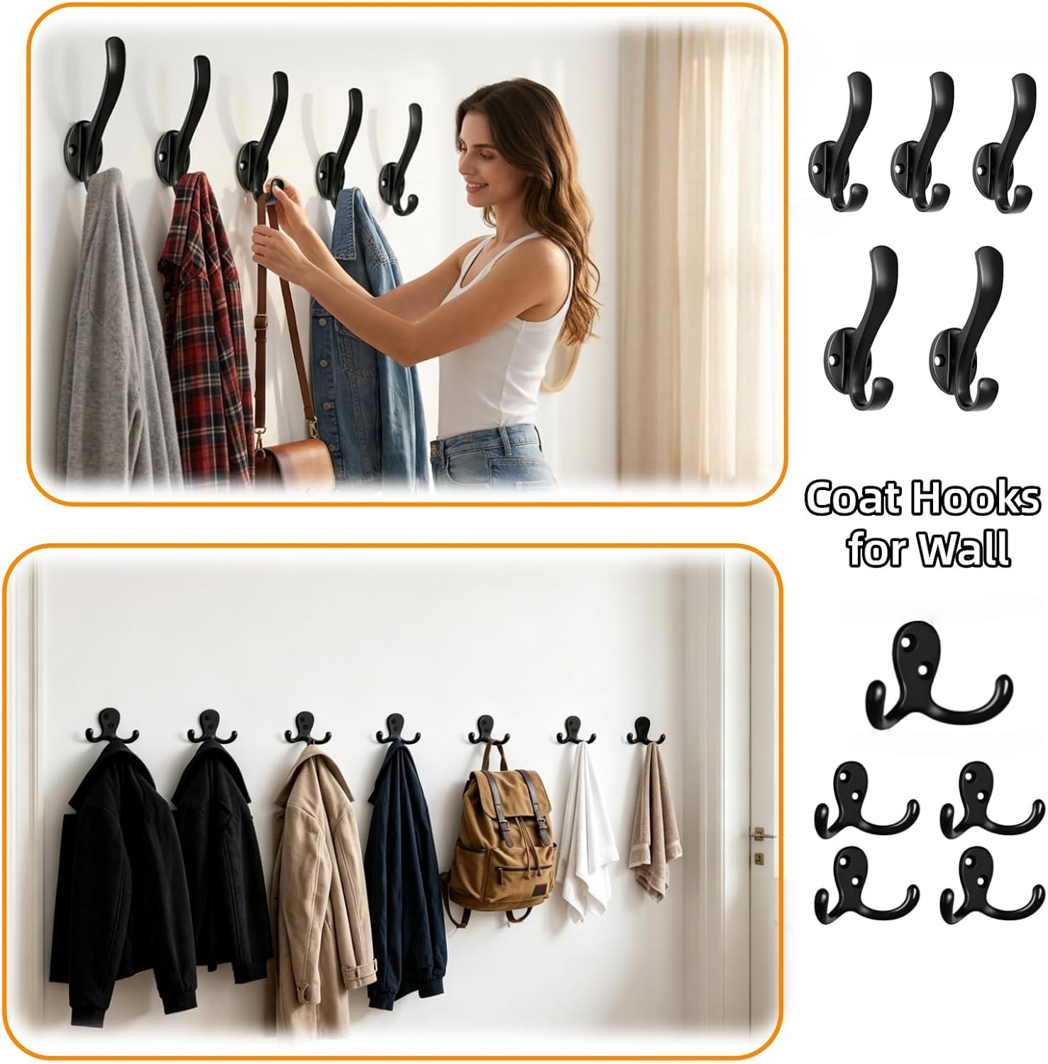 Wall Mount Coat Hooks,10pack Hooks,Heavy Duty, Double Prong Metal Hook Wall Mounted Ideal for Living Room, Bathroom, Kitchen & Bedroom Hang Hat, Towel, Key, Robe, Scarf, Bag, Cap & Cup (Black)