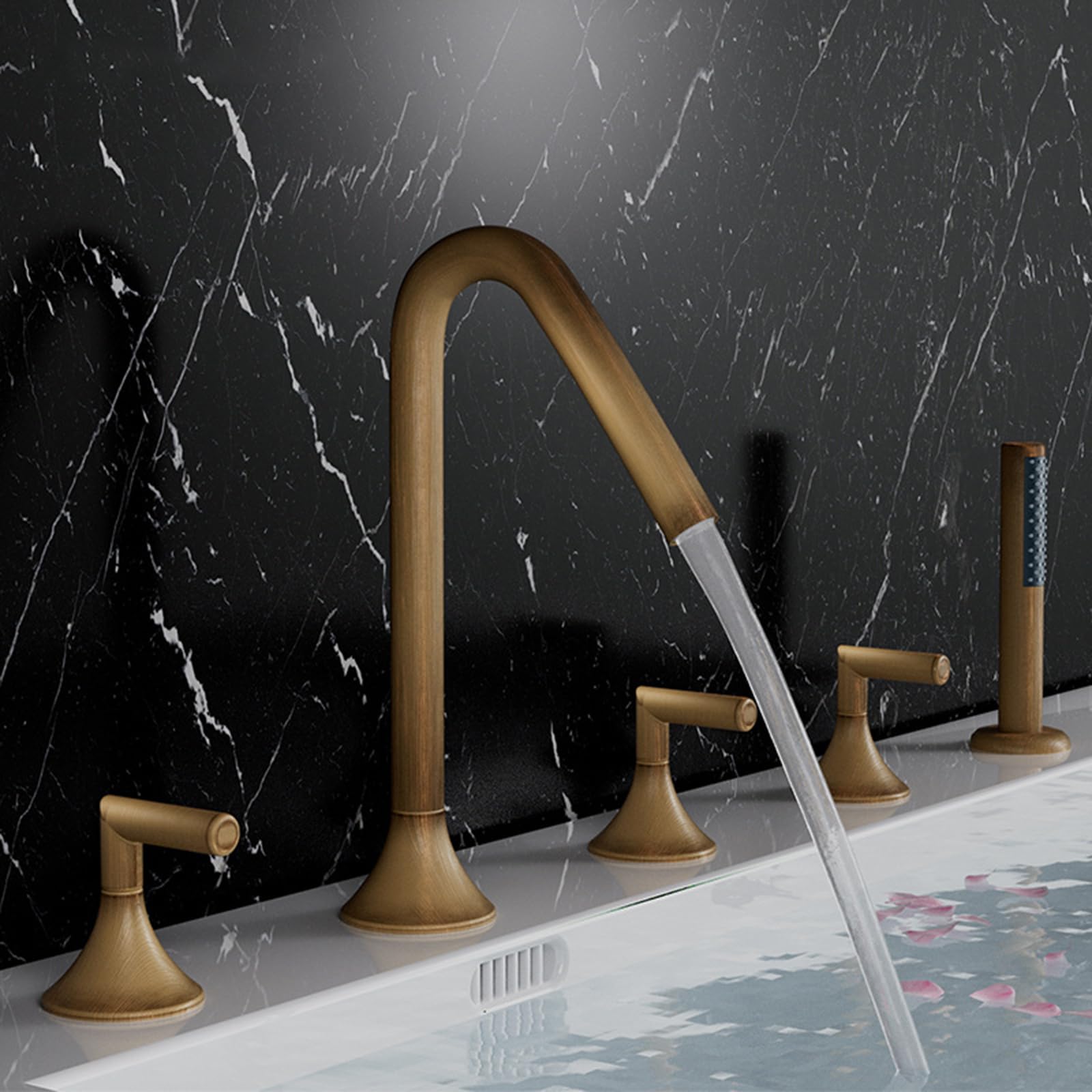 BHGFYXBS Bath Shower Mixer Tap Gold Bathtub Hand Shower Tap Set Bathroom 5 Hole Tub Mixer Faucets 360 Degree Rotating Bath Taps,Antique
