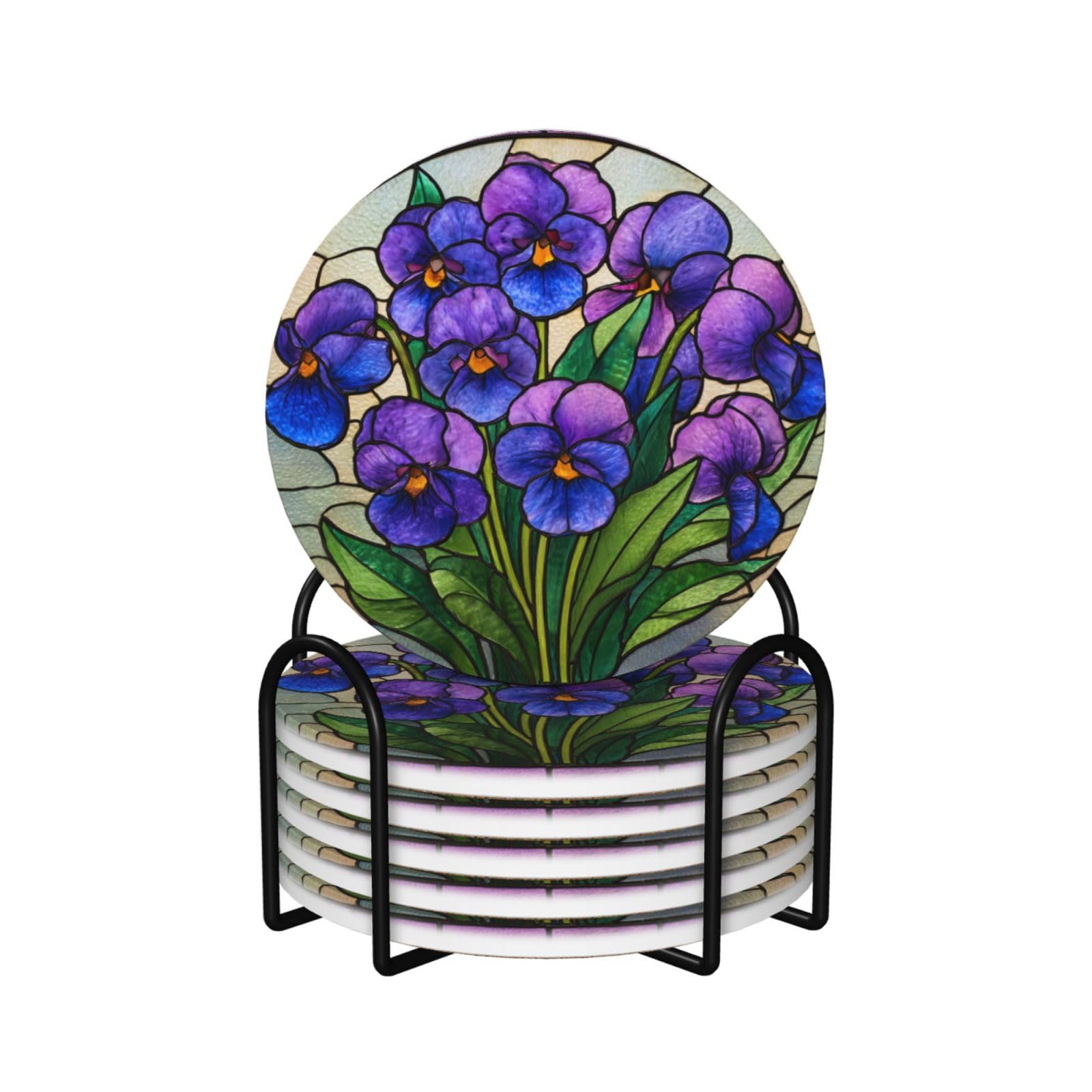 Stained Glass Purple Violet Flowers Green Leaves Ceramic Coasters 6ps