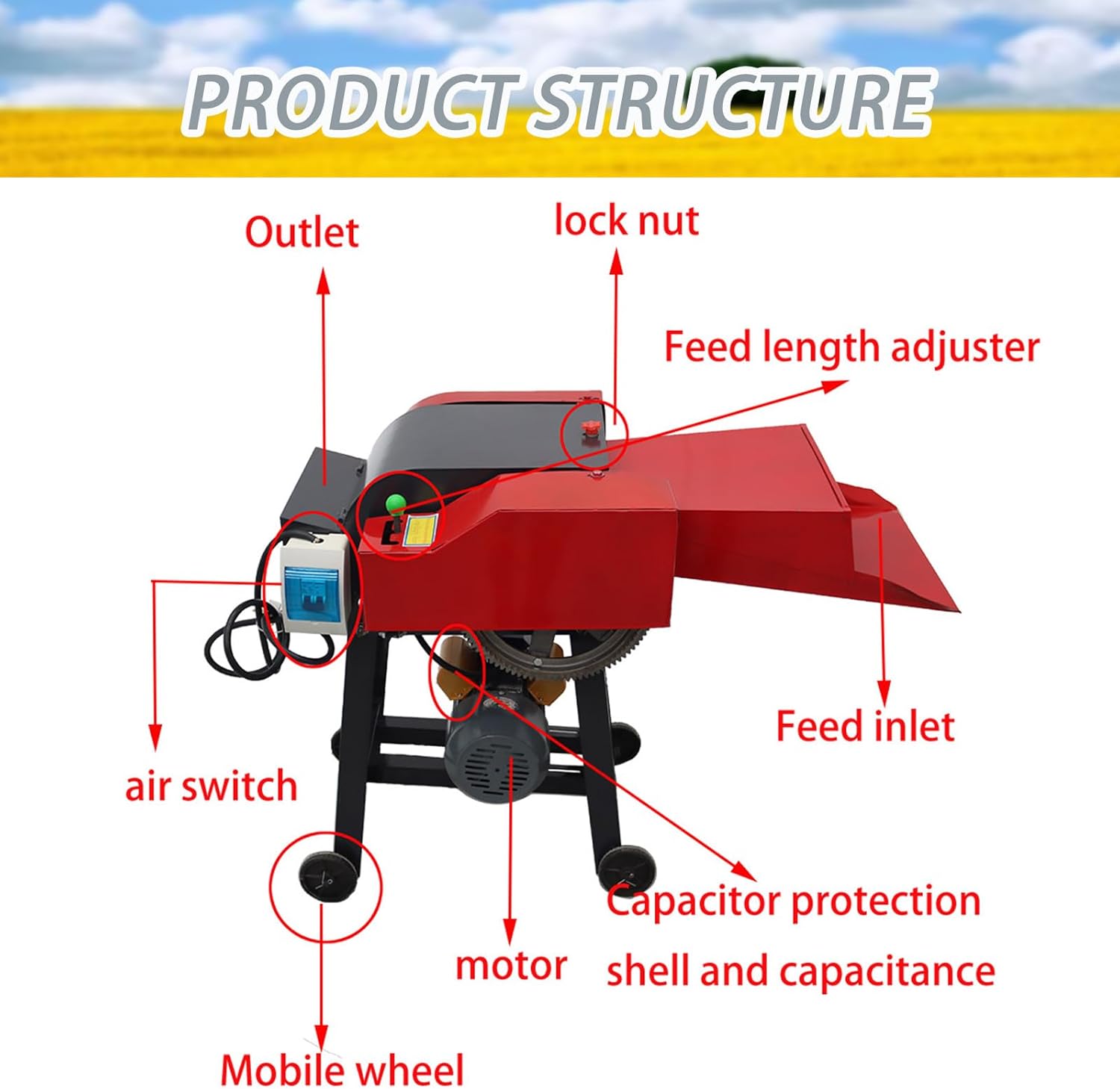 Hay Cutter Straw Crusher Machine 6-Blade Farm Hay Chopper Shredder Animal Feed Grinder 1100-2200LBS/H 220V 3KW