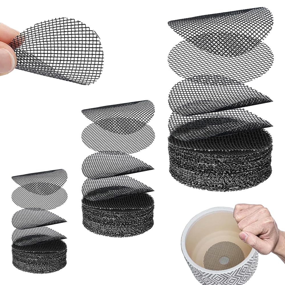 Trketk Black 150 Pieces Flower Pot Mesh Pads, Plastic Mesh Sheet Breathable Plant Potting Bottom Grid Round Plant Pots Pad Gardening Flower Pot Hole Mesh Mat For Prevent Soil Loss Drainage Screens (Black)