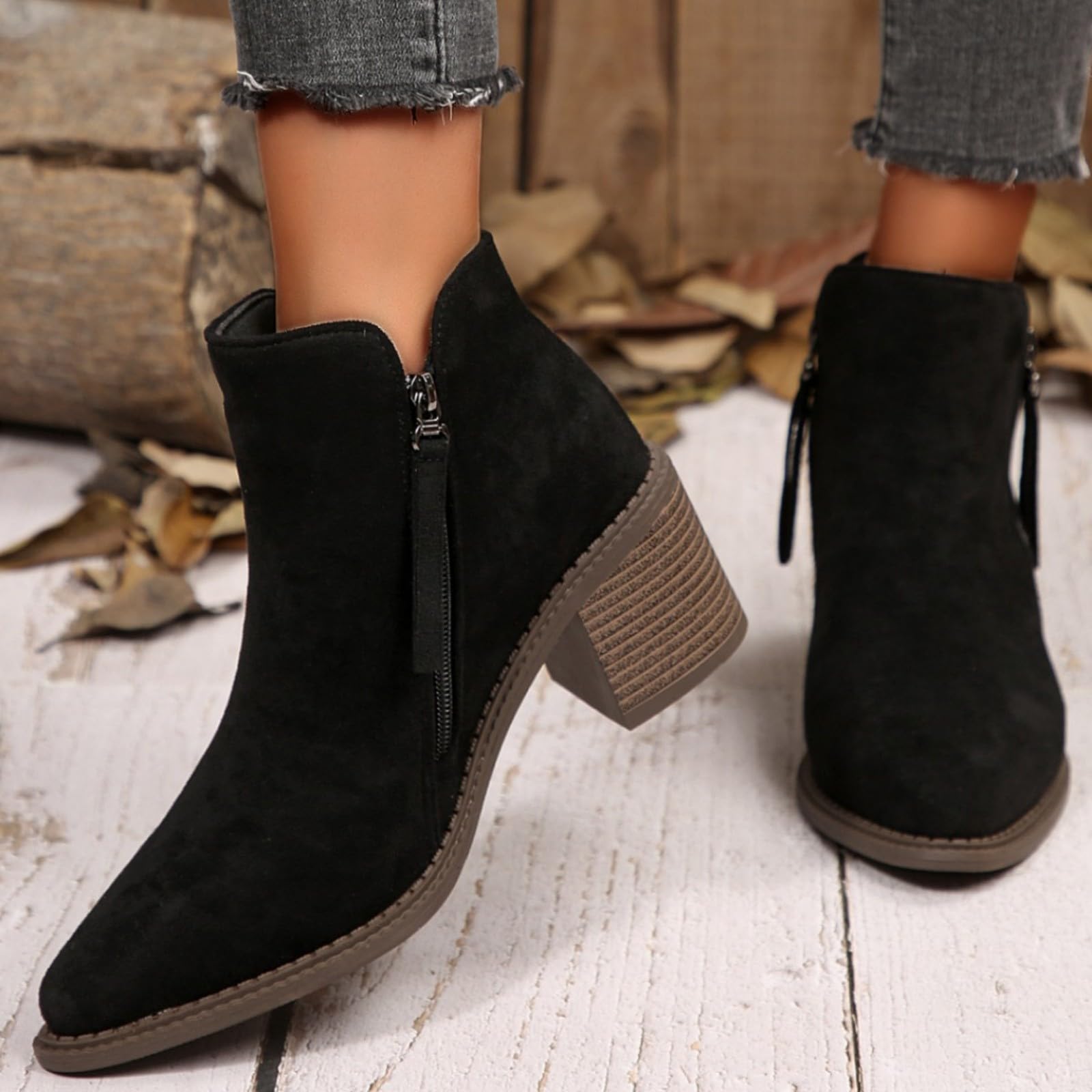 Cocila Botas De Ante con Tacón Grueso Y Punta Puntiaguda para Mujer, Tallas Grandes Europeas, Otoño/Invierno 2025, Cremallera Lateral Agua Mujer Altas Invierno Piel Cowboy Beige Botines