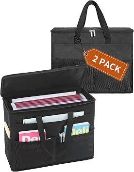 Qozary 2 Pack File Folder Organizer Box-Hanging File Tote Bag With Lids, Collapsible Portable Filing Organizer Box With Handle, Document Storage Bag For Office,Home,Travel, School