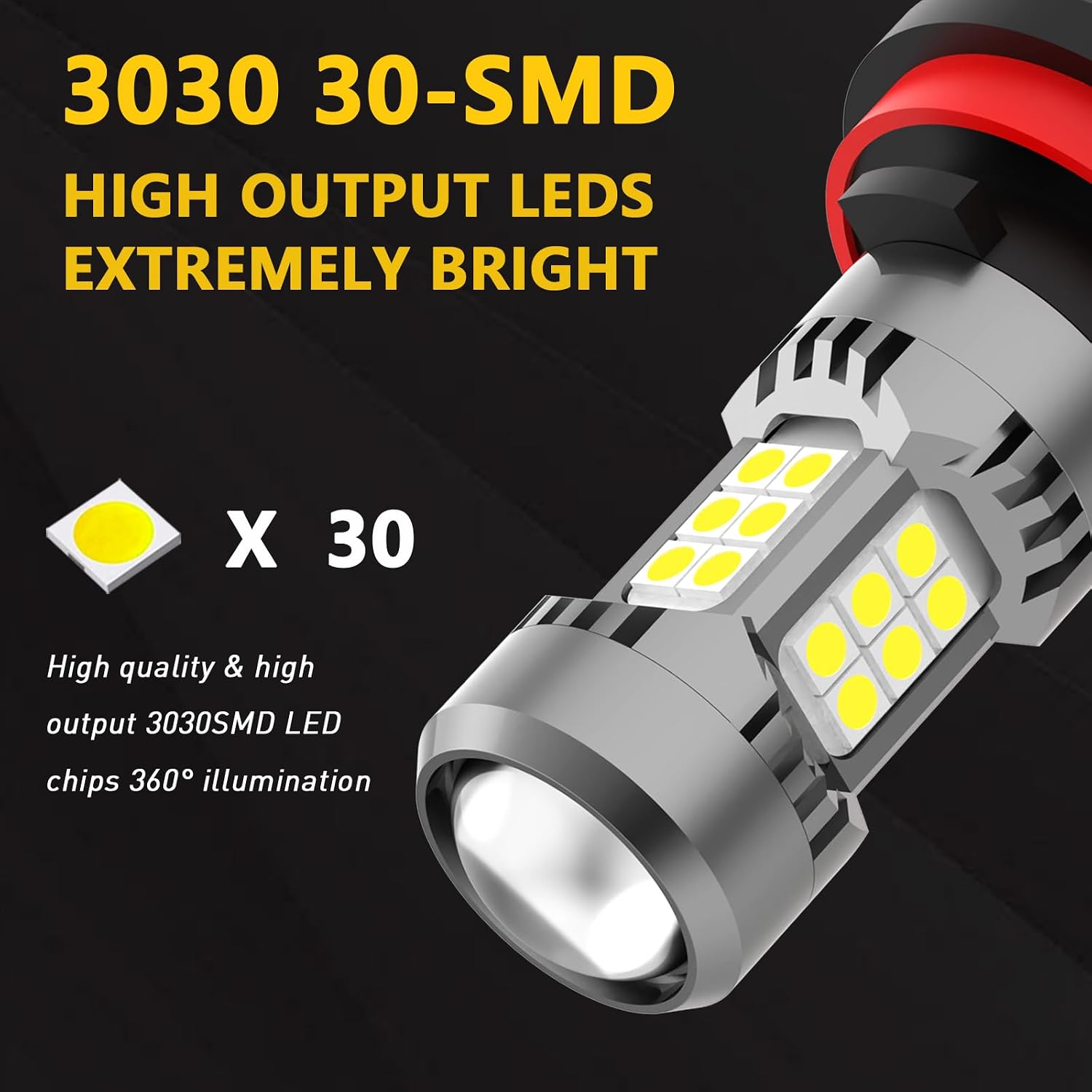 PHINLION H8 H11 LED Fog Light Bulbs or DRL, 3200 Lumens Super Bright 6000K Xenon White, Non-polarity 3030 30 SMD Chips 12V H16 Fog Lights Replacement for Cars, Pack of 2