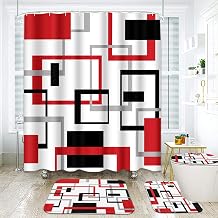 ArtSocket Bathroom Sets with Shower Curtain and Rugs, Set of 4, Red Gray