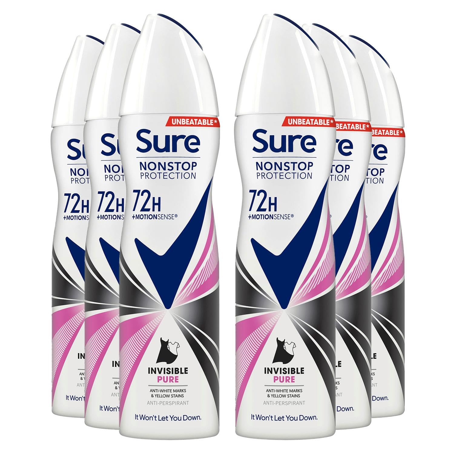 Sure Antiperspirant 72H Nonstop Sweat and Odour Protection Alcohol-Free Body Spray Anti-White Marks with Fresh and Clean Multi Fragrance Deodorant for Women, 150ml Pack of 6 (Invisible Pure)