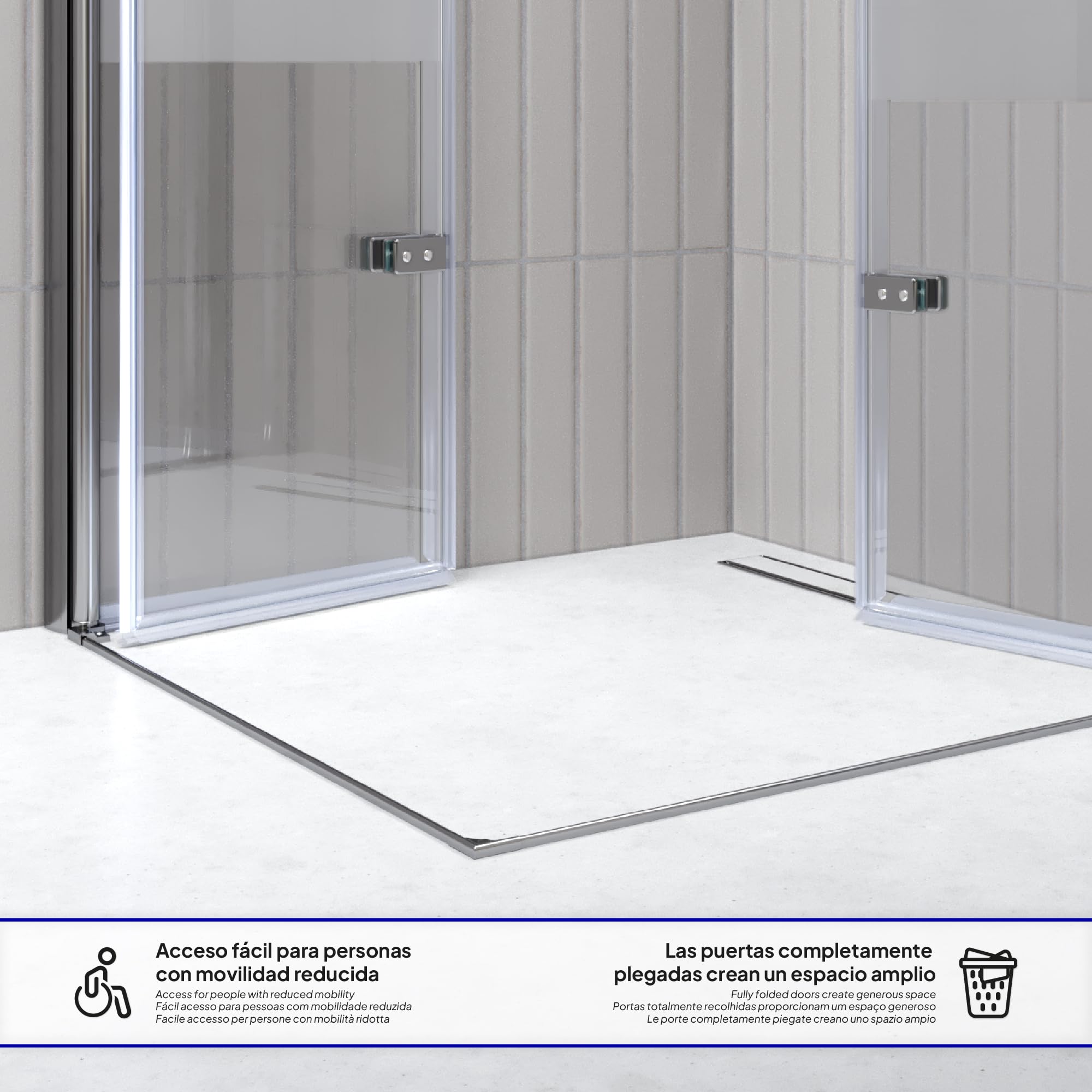 Mampara de Ducha Emma 100x80x190cm, NO REVERSIBLE, Puertas Plegables, Ajuste 98.5-100.5x78.5-80.5cm, Perfiles Cromo, Cristal Templado Parcialmente Satinado 6mm