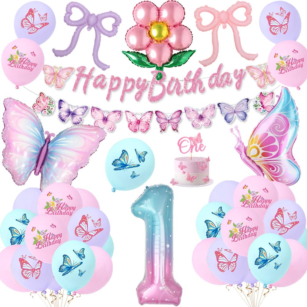 Butterfly 1st Birthday Party Decorations for Girls,Complete Pastel Balloon Set with Number 1 Foil Balloon, Cake Topper, Banner, First Pink Purple Blue Birthday Party Supplies