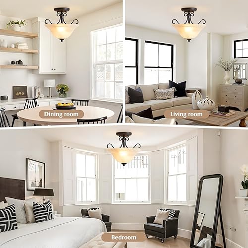 Miniatura 5 de Luvkczc Lámpara de techo retro semiempotrada, lámpara de techo negra, lámpara de techo de mediados de siglo, moderna lámpara de vidrio cerca de