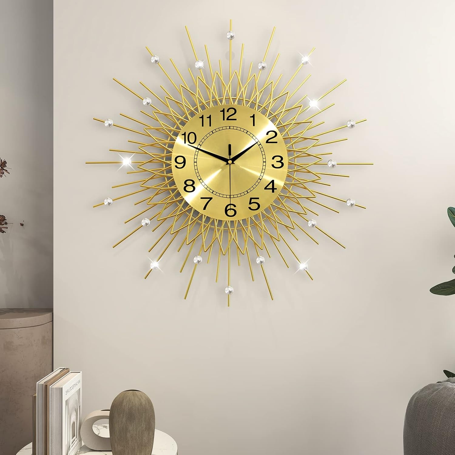 Large Wall Clock for Living Room Decor Big Modern Golden Crystal Silent Wall Clock Battery Operated Non-Ticking Metal Unique Decorative Wall Clocks for Bedroom Kitchen Office Indoor 24 Inch