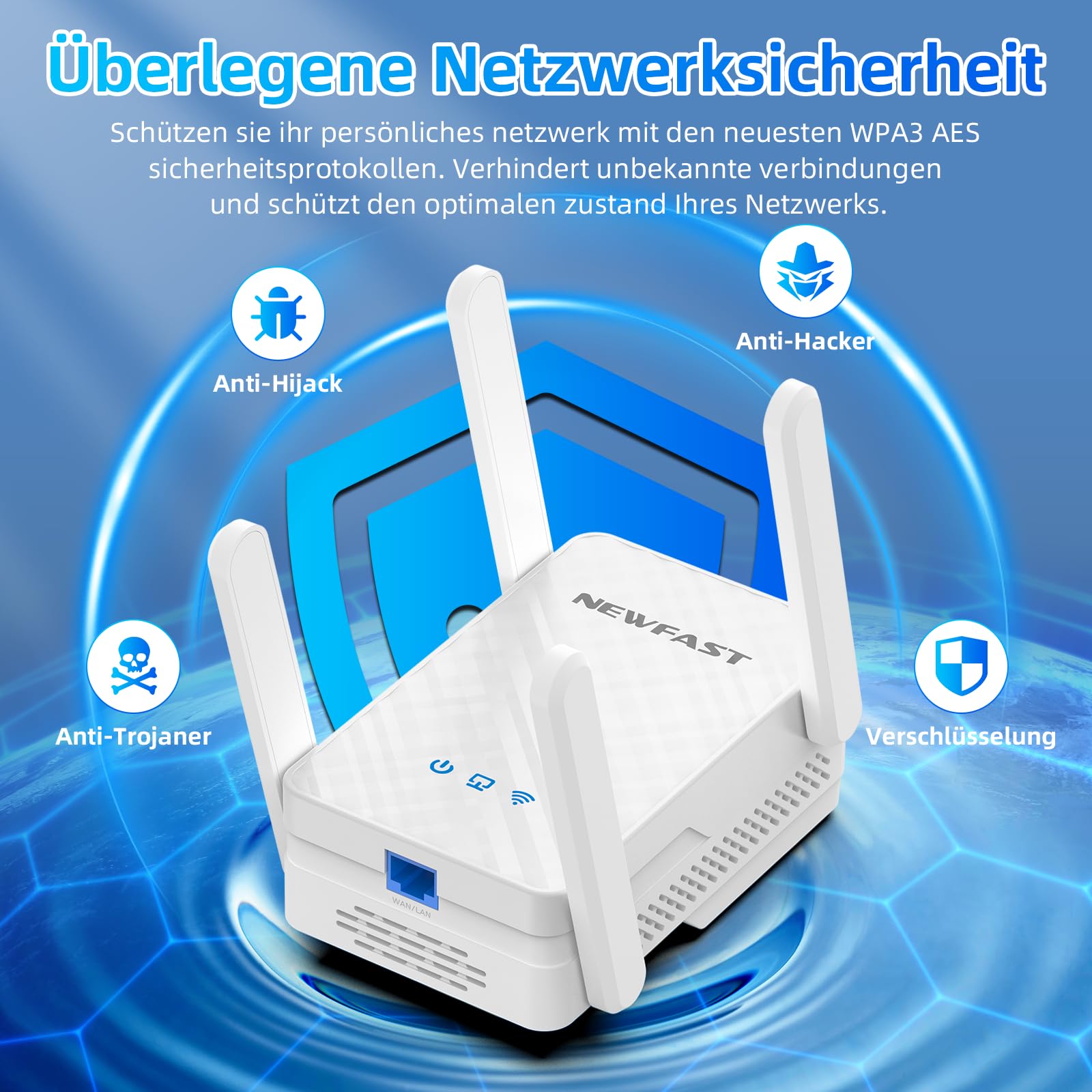 NEWFAST 2026 Neuestes WiFi 6 Extender,3000Mbit/s Dualband WLAN Verstärker | WLAN Repeater mit 4 Schwenkbaren Antennen,WPS,MU-MIMO,Gigabit-Port,Unterstützt Repeater/Router/AP Modus,Signalstabil,Weiß
