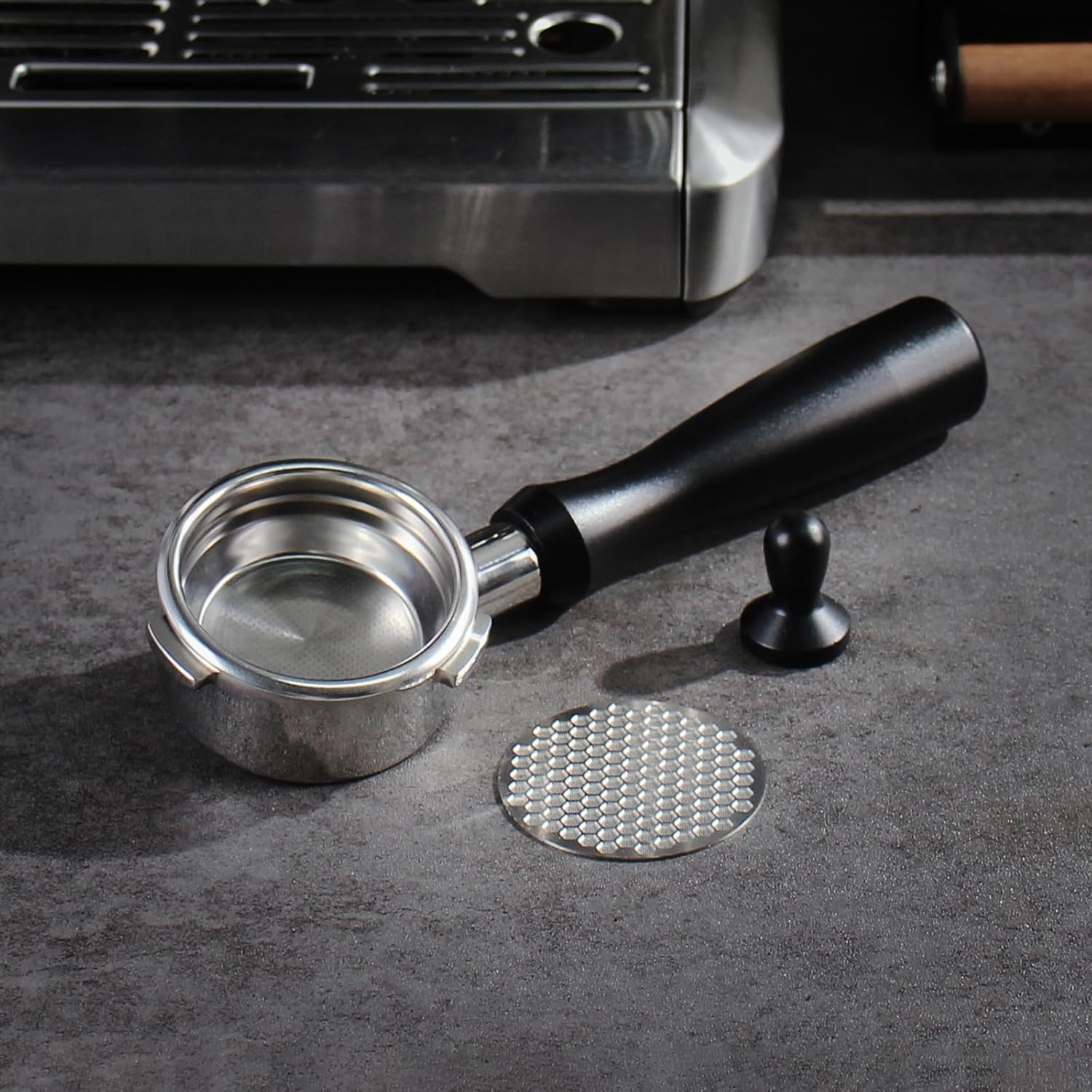 DIBTSA 58mm Bottomless Portafilter Compatible with Barsetto BAE01, BAE02, Included 304 Stainless Steel Filter Basket and Puck Screen, Anodized Aluminum Handle, Black