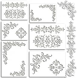 URYVAIW Stencil Ornamenti, Set da 6, Stencil Riutilizzabili in PET, per Mobili, Pareti & DIY, Motivi di Fiori & Angoli, 16x24cm & 12x18cm