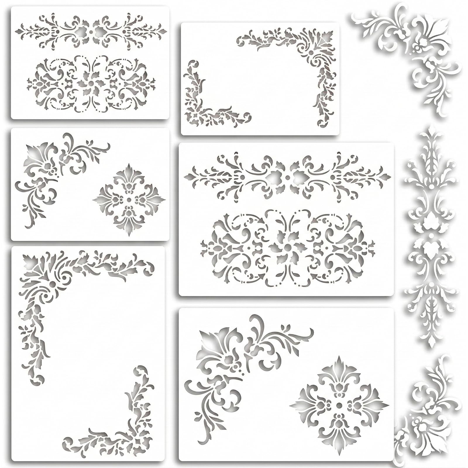 URYVAIW Stencil Ornamenti, Set da 6, Stencil Riutilizzabili in PET, per Mobili, Pareti & DIY, Motivi di Fiori & Angoli, 16x24cm & 12x18cm - 1