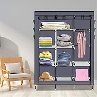 Vista 104 de 67" Portable Wardrobe Closet, Wardrobe Closet for Hanging Clothes with 2 Hanging Rods, 12 Clothes Storage Organizer Shelves, Non-Woven Fabric Grey