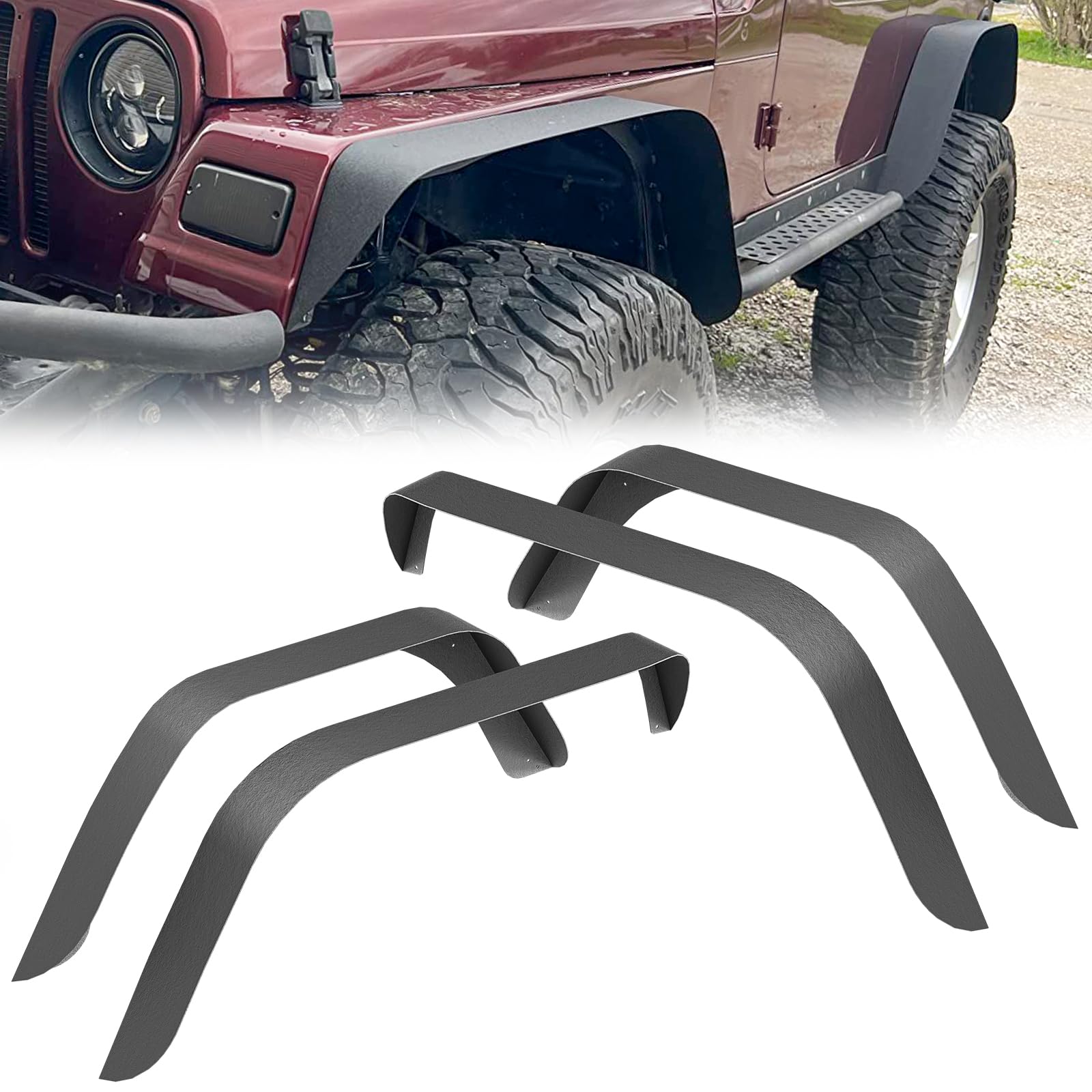 for Wrangler TJ LJ Flat Front & Rear Fender Flares Compatible with 1997-2006 Jeep Wrangler TJ & 2004-2006 Jeep Wrangler LJ, Off-Road Heavy Duty Steel Mud Guard Combo Wheel Fenders 4 PCS Kit