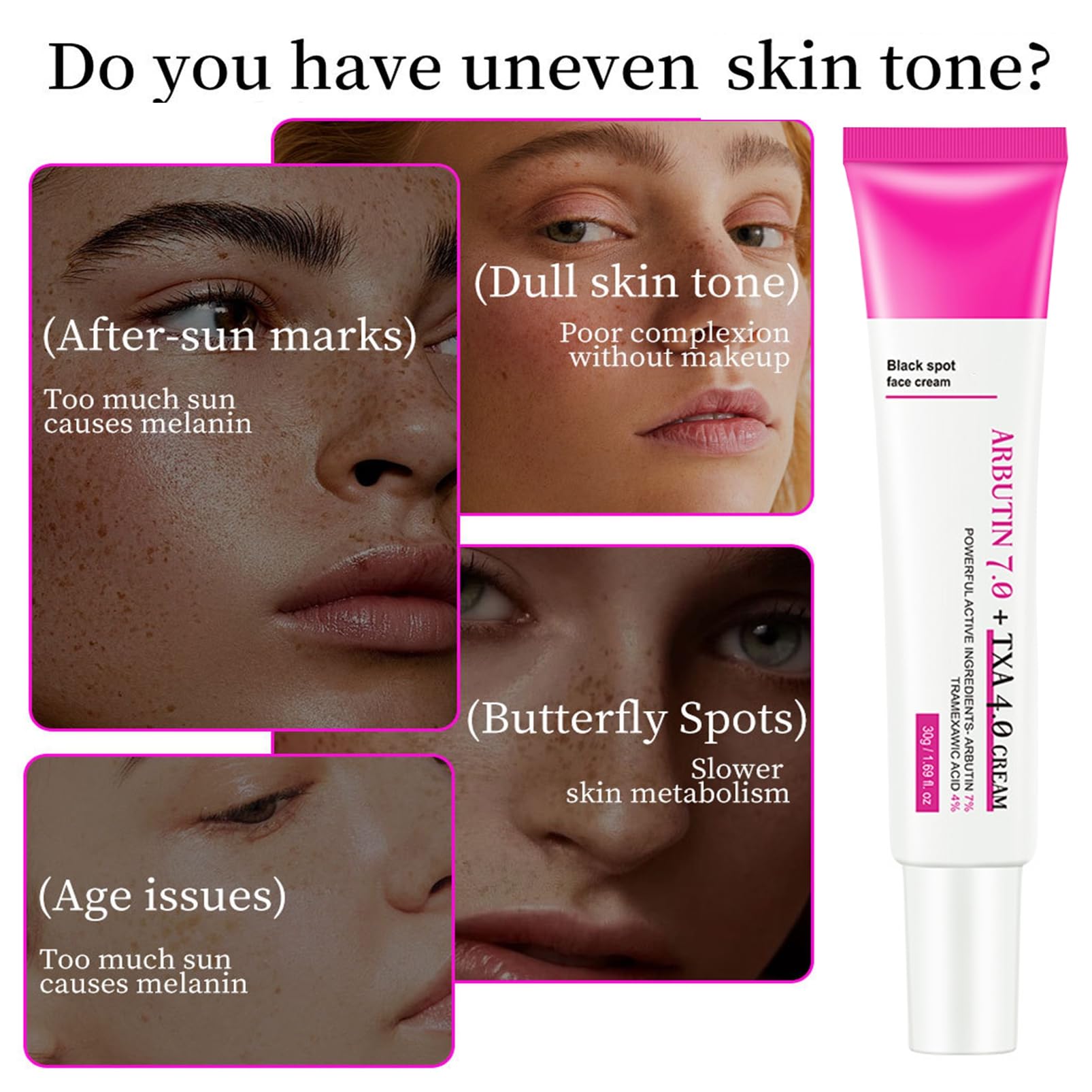 Arbutin 7% + ácido tranexámico 4% crema – Dark Spot Remover Skin Lightening Cream, Eliminador de manchas de pigmentación facial – Crema Glow Skin contra manchas de pigmento, pecas e imperfecciones - 5