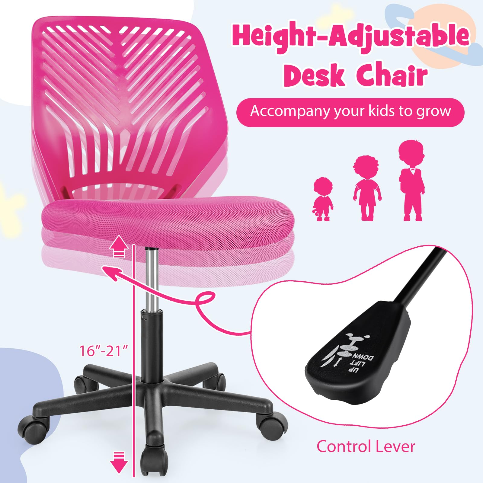 DORTALA Kids Desk Chair, Kids Armless Mesh Office Chair with Adjustable Height, Lumbar Support, Swivel Study Chair with Wheels, Ergonomic Small Office Computer Chair in Home Bedroom School (Pink)