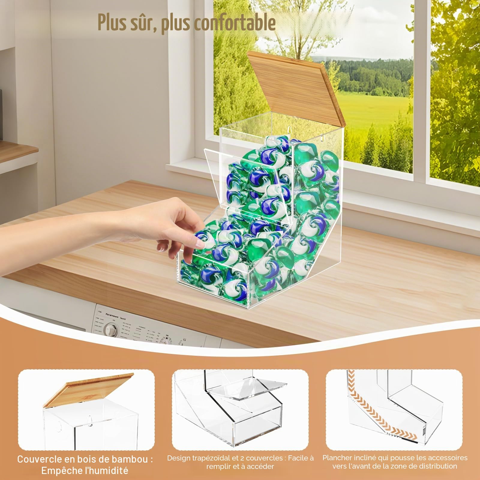 JYPS Lot de 2 Boîtes à Dosettes de Dinge, Acrylique Organisateur de détergentavec 2 Couvercles, Bureau ou Support Mural de Boite Lessive, Rangement Buanderie pour Café/Capsules/Boules/Pods