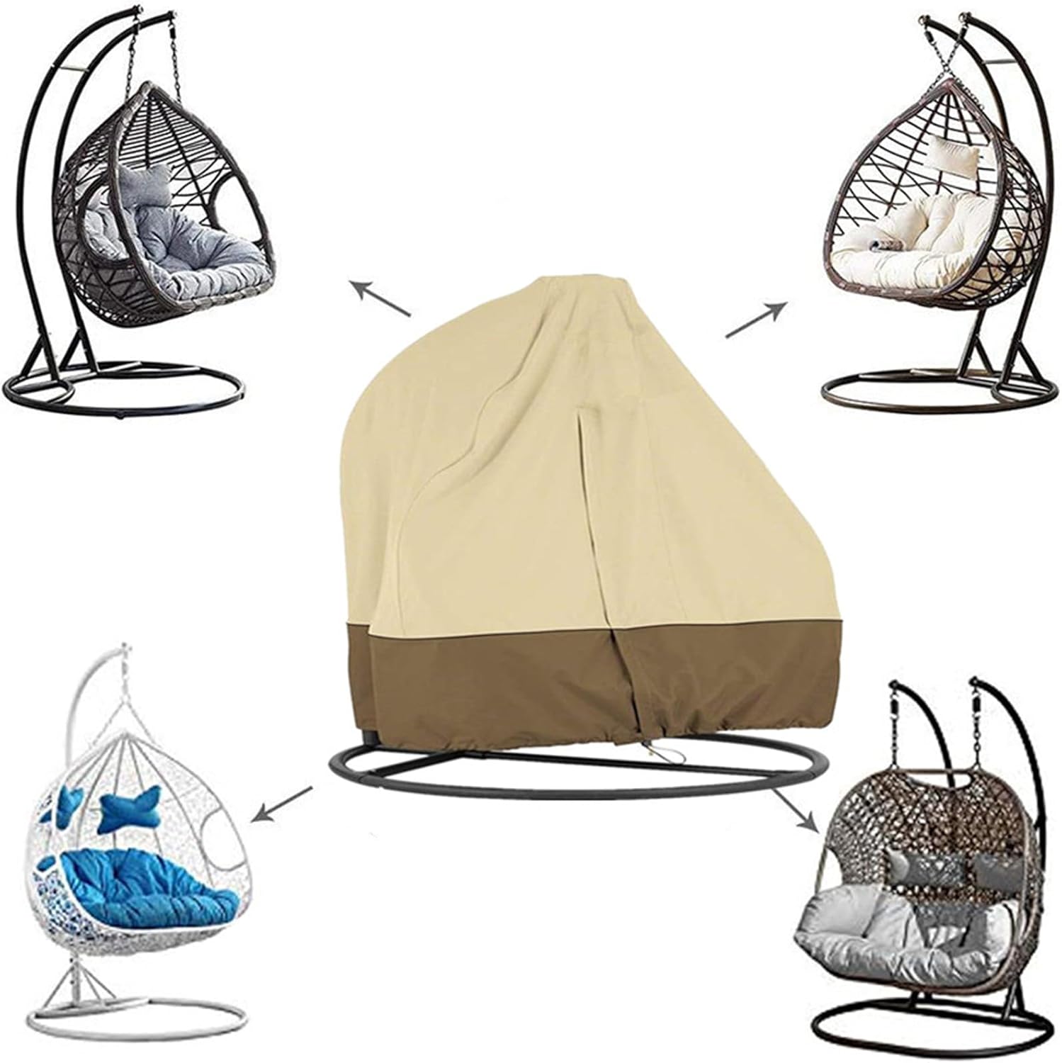 ASkinds Patio Hanging Egg Chair Covers with Zipper, Durable Double Wicker Egg Swing Chair Covers 91" Hx80 D Waterproof Resisatnt Outdoor Garden Chair Cover, Windproof Hanging Chair Cover(Beige)