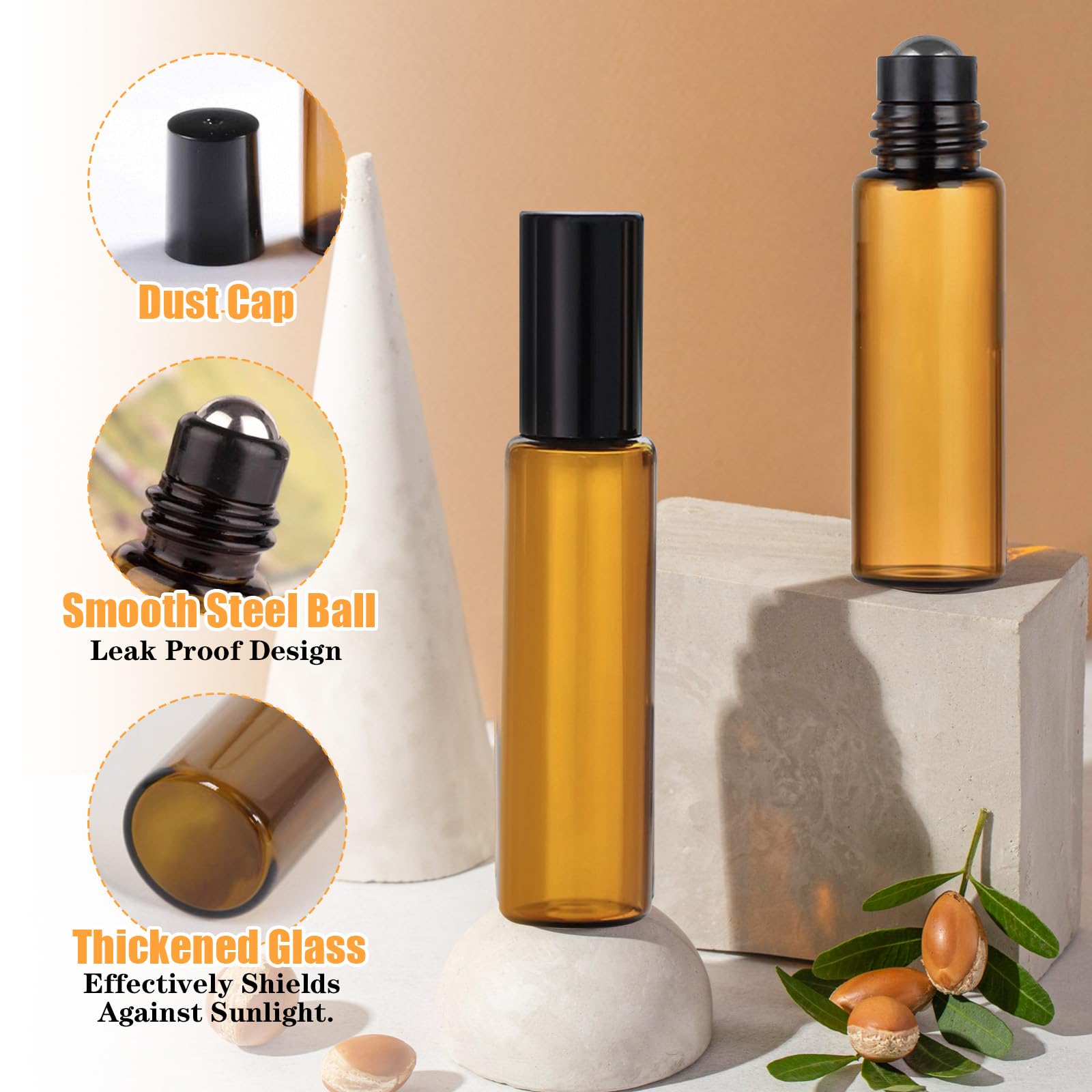 10 Pièces Flacon Roll on Vide en Verre de 10ml, Roll On Huile Essentielle, Avec Bille en Acier Inoxydable, Réutilisable, Bouteilles en Verre pour Parfum, Aromathérapie, Massage, Voyag