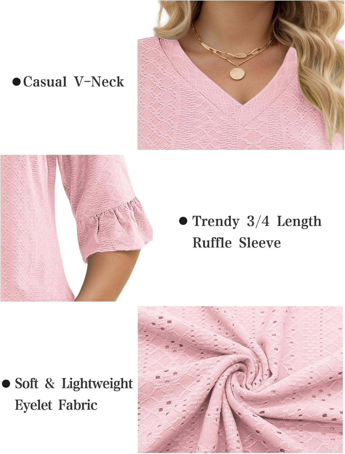 VISLILY Womens-Plus-Size-V-Neck-Tops Dressy 3/4 Length Ruffle Sleeve T Shirts Trendy Eyelet Blouses Casual Loose Tunics 1X-5X - Image 4
