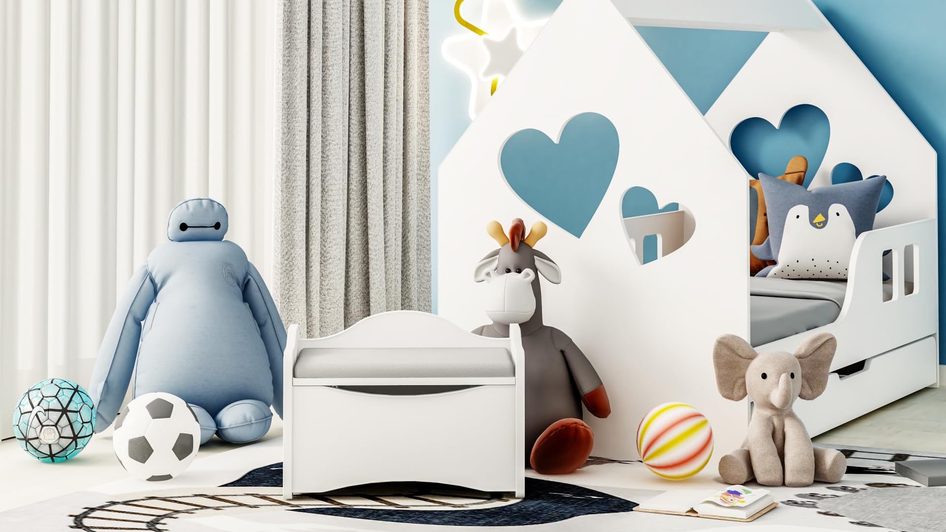 Happy Babies Spielzeugkiste Sitzbank Kindersitzbank Weiß mit Stauraum Sitztruhe Kinder Aufbewahrungskiste für Kinderzimmer