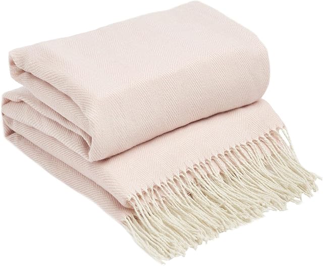 Highams Herringbone Chevron Soft Knit Tassel Fringe Fleece Throw Over for Chair Large Sofa Bed Blanket, Blush Pink - 150 x 200cm