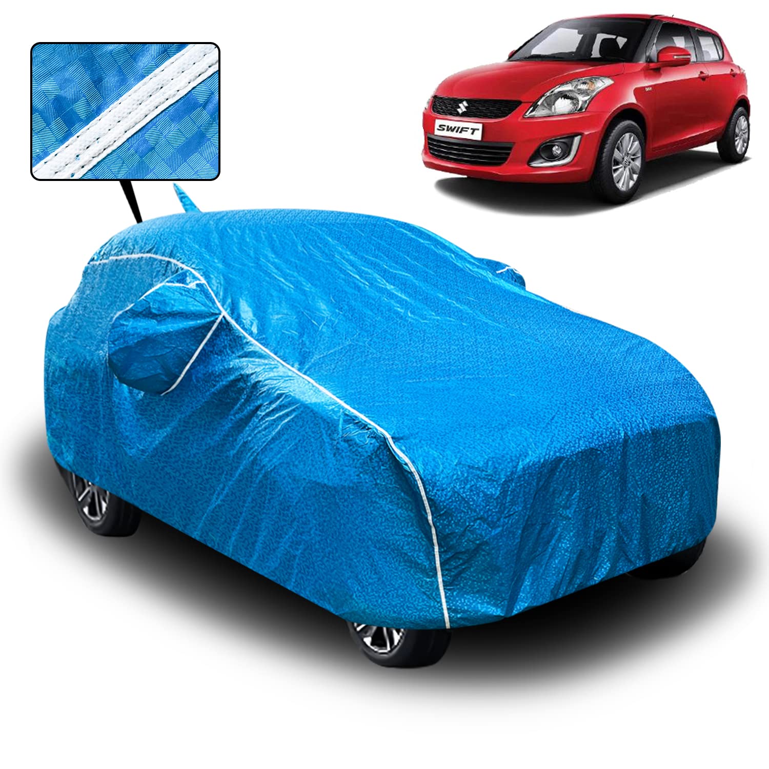Carzex Waterproof Car Body Cover Compatible with Maruti Suzuki Swift 2012-2017 with Mirror and Antenna Pocket and Soft Cotton Lining (Full Bottom Elastic Triple Stitched) (Silver Metallic with Black Piping)