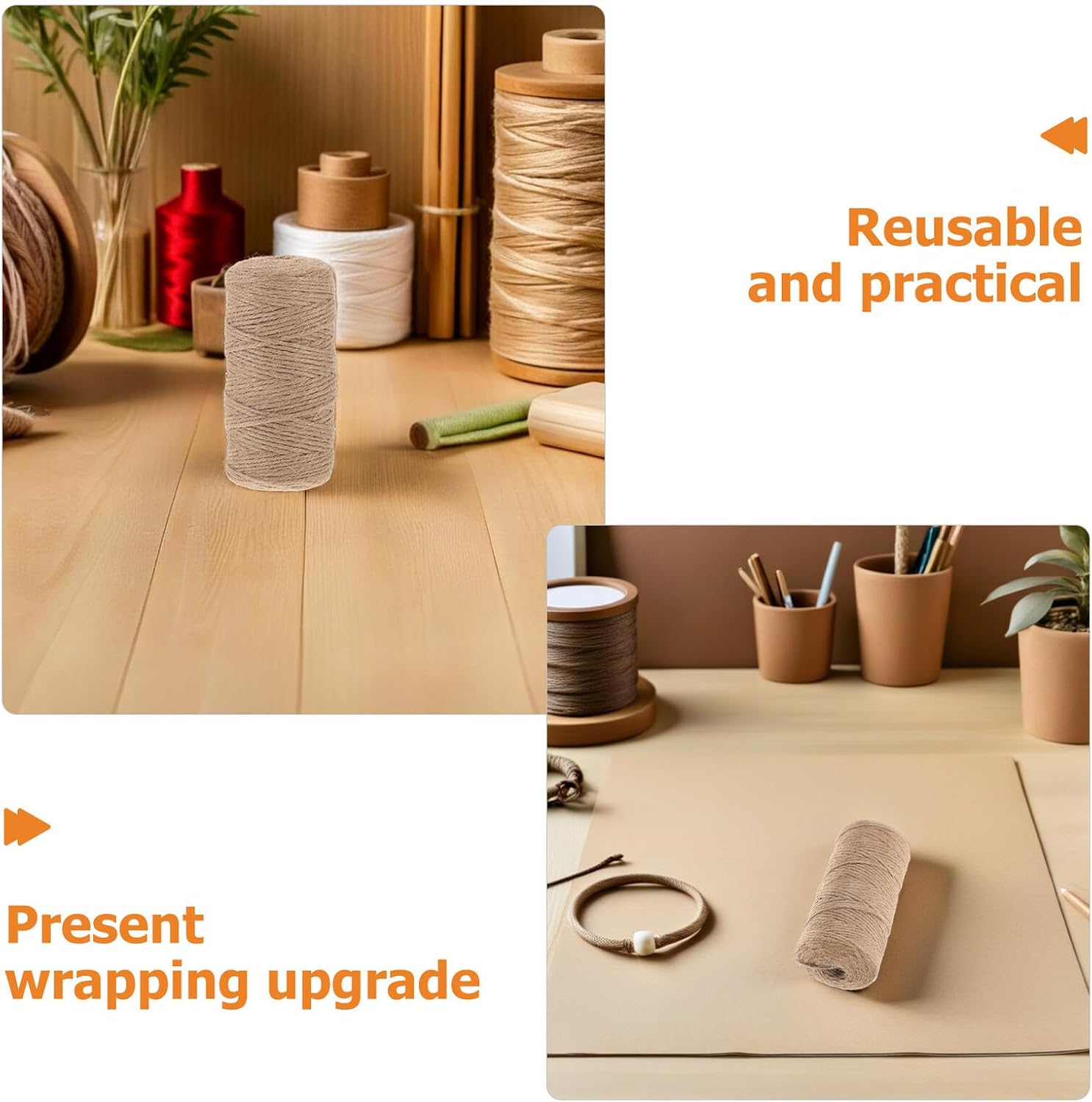 Natural Jute Twine Rope 2 Rolls for Garden Plant Ties and Craft Wrapping, Twisted Decorative Packaging String for DIY and Floral Bundling