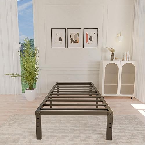 Miniatura 8 de ALDRICH Marco de cama gemelar de metal de 14 pulgadas – Plataforma de listones de acero básico negro individual, montaje fácil, marcos de cama