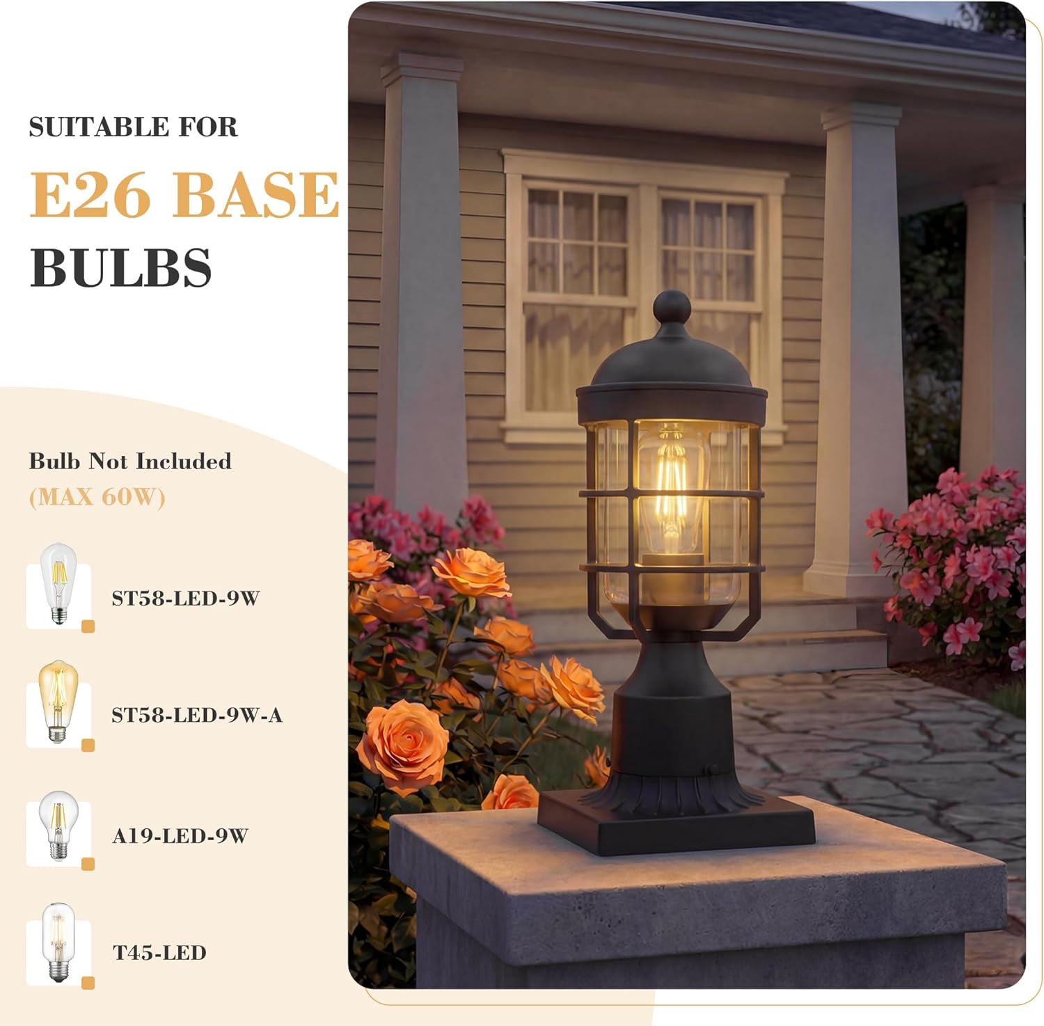 Emliviar Modern 14.4 Inch Lamp Post Light, Black Pole Light Outdoor for Walkway, Outside Post Lantern with Clear Tempered Glass Shade, GE255P-L BK
