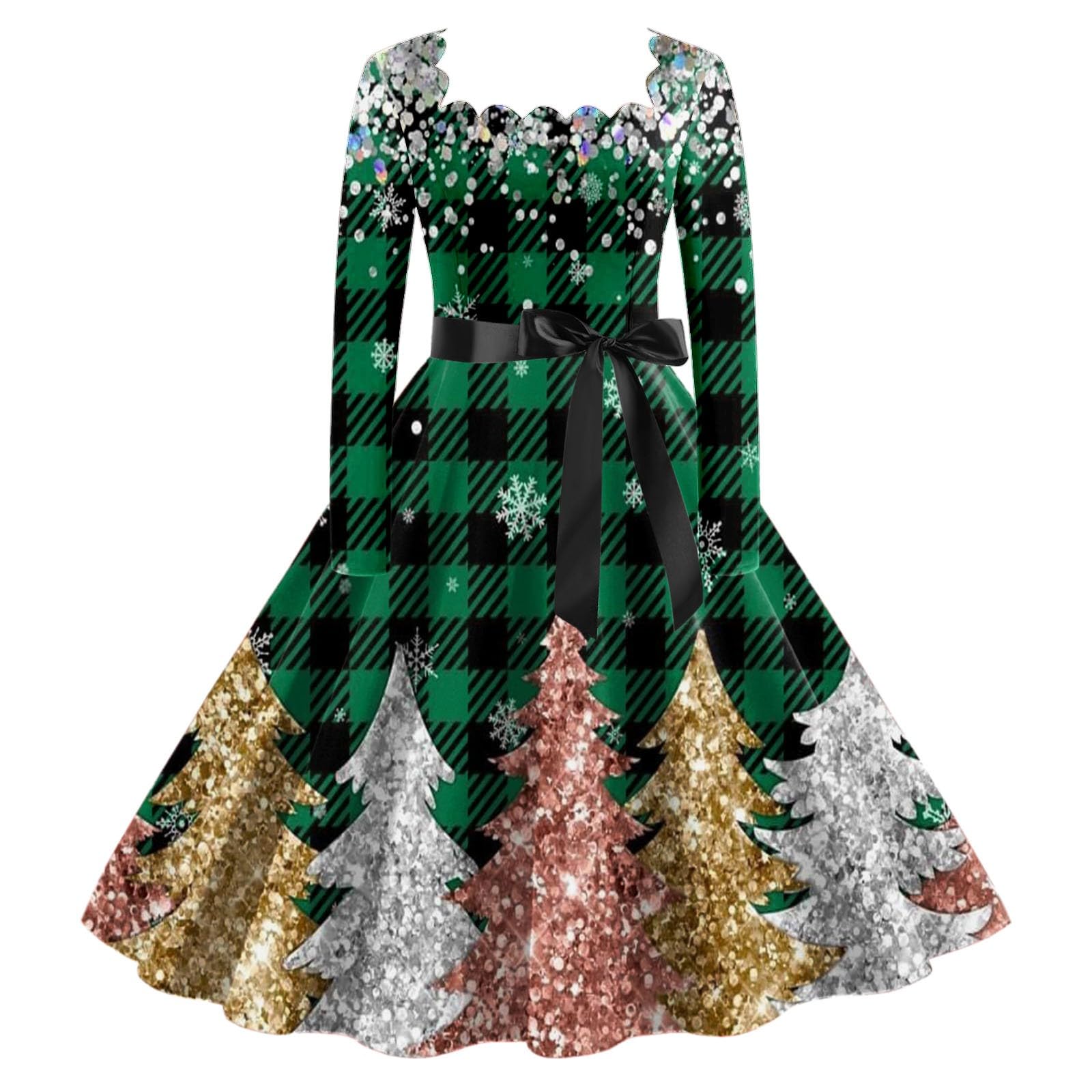 Vestito Natalizio Donna Curvy, Abito Natalizio Donna con Cintura Abito Medievale Cintura a Pois retrò Abito Svasato Hepburn Abito Abiti di Natale per Le Donne alla Moda Vintage Abito da Sera