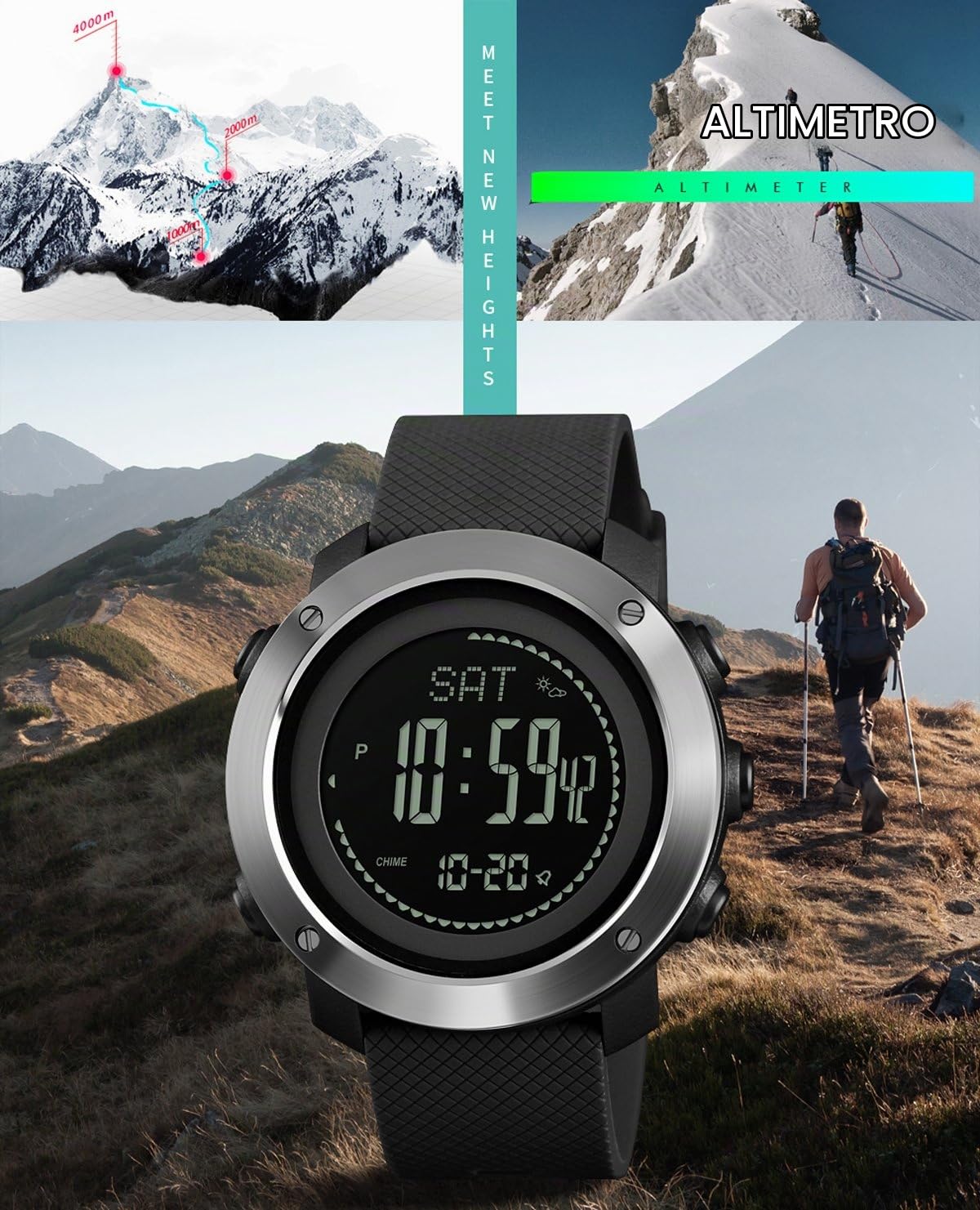 Orologio digitale da uomo con bussola, contapassi, barometro, altimetro, contatore alla rovescia, termometro, sport, militare