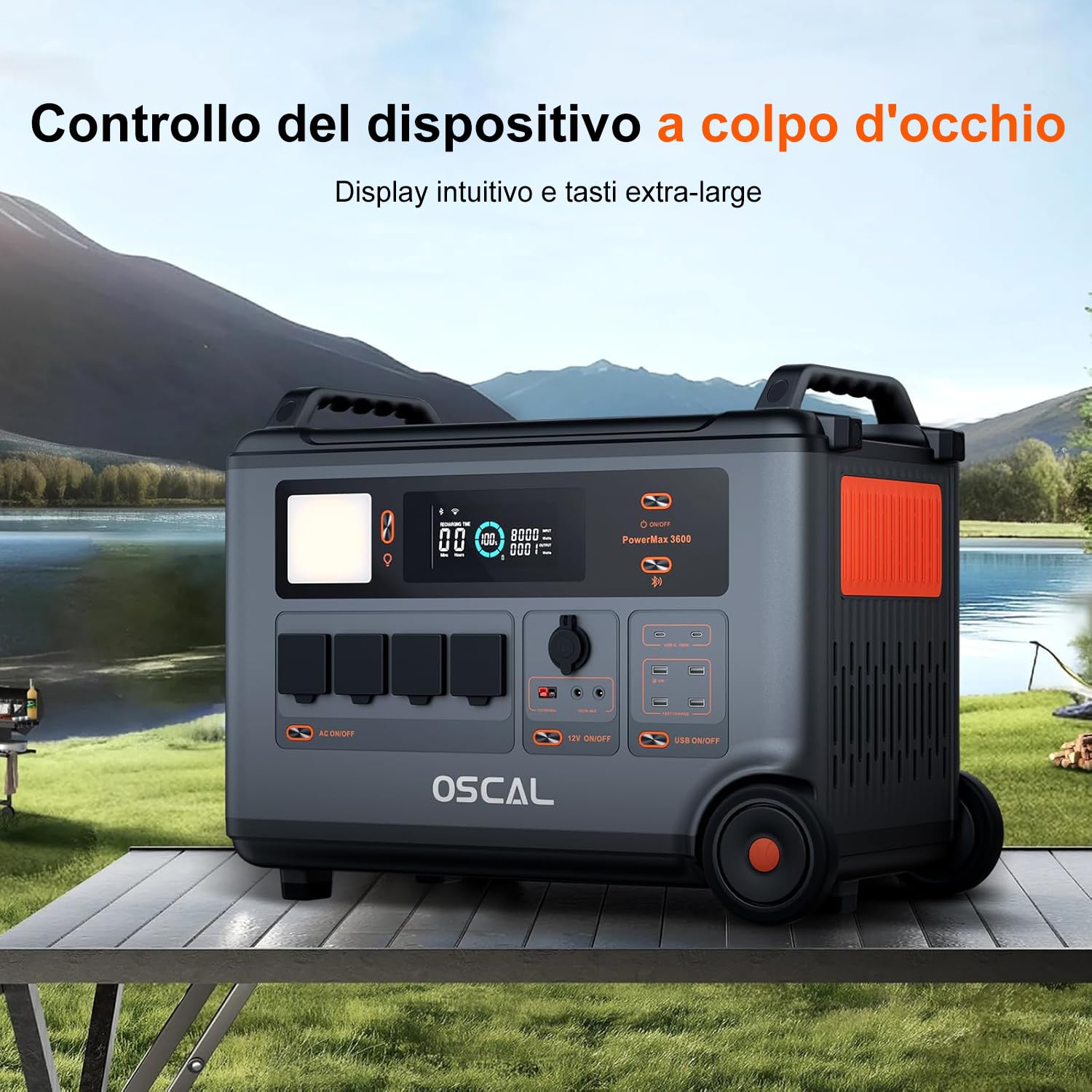 OSCAL 3600W Centrale Elettrica Portatile con Pannello 200W, 3600Wh Generatore Solare con Batteria LFP, Ricarica 0-80% in 1h, 14 Porte, Portable Power Station per Casa, Camper, PowerMax 3600SE