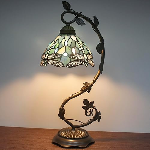 Miniatura 8 de WERFACTORY Tiffany - Lámpara de lectura de escritorio estilo libélula de color azul marino, base de lámpara de mesa de hoja de metal, 8 x 10 x 21