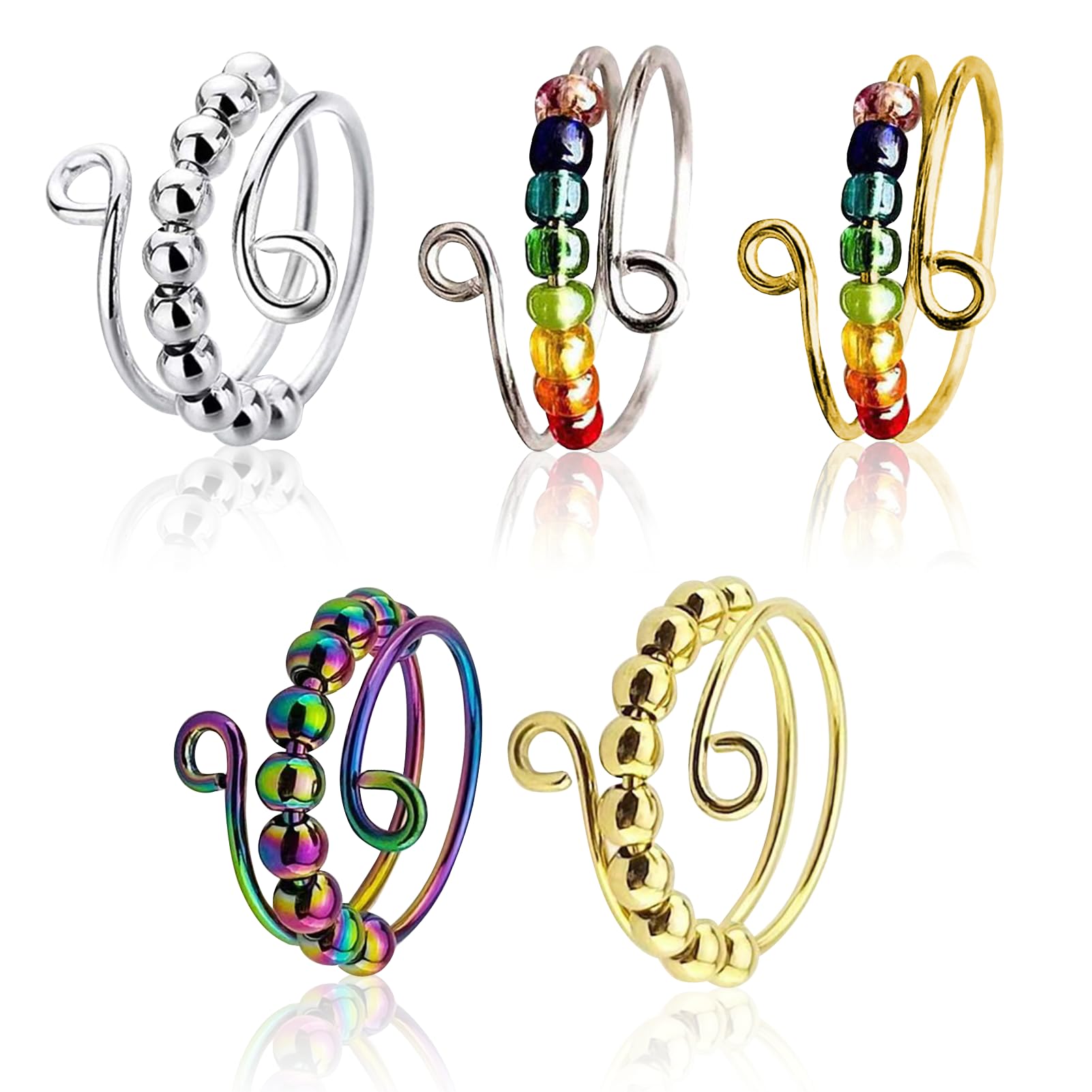 Pack de 5 Anneaux de Compétences, Anneau TDAH, Ensemble de Compétences Anti-Stress pour Adultes, Jouets Fidget,Bague Reglable Femme,Bague D'anxiété pour Filles et Femmes