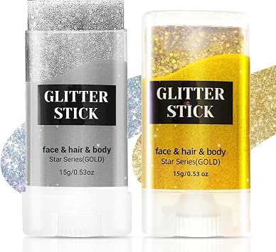 2PCS Face Body Glitter Stick,Gold Silver Hair Glitter Stick for Kids Women,Roll on Body Face Glitter Gel Makeup Hair Accessories,Silver Face Paint,Halloween Singer Concert Party Accessories