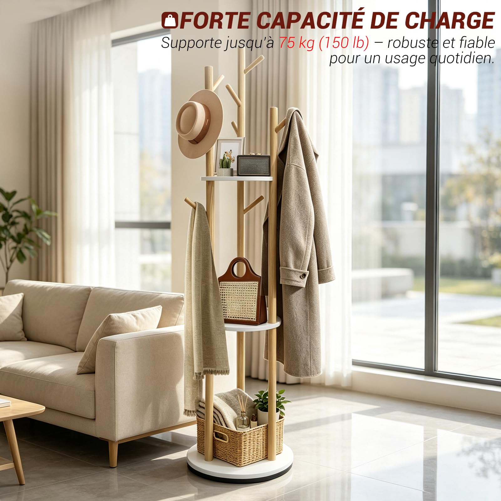SUNDOY Porte-Manteau Pivotant sur Pied en Bois 165 cm