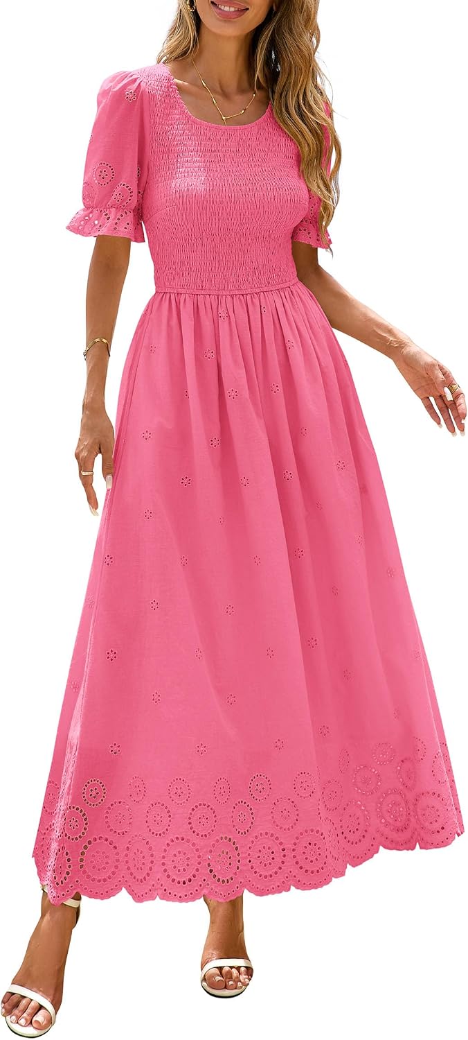 PRETTYGARDEN Women's Maxi Smocked Boho Eyelet Dress Summer | Short Puff Sleeve, Long Flowy Sundress, Spring Beach Vacation Outfits, Pockets, Modest Elegant Wedding Guest Party Dresses
