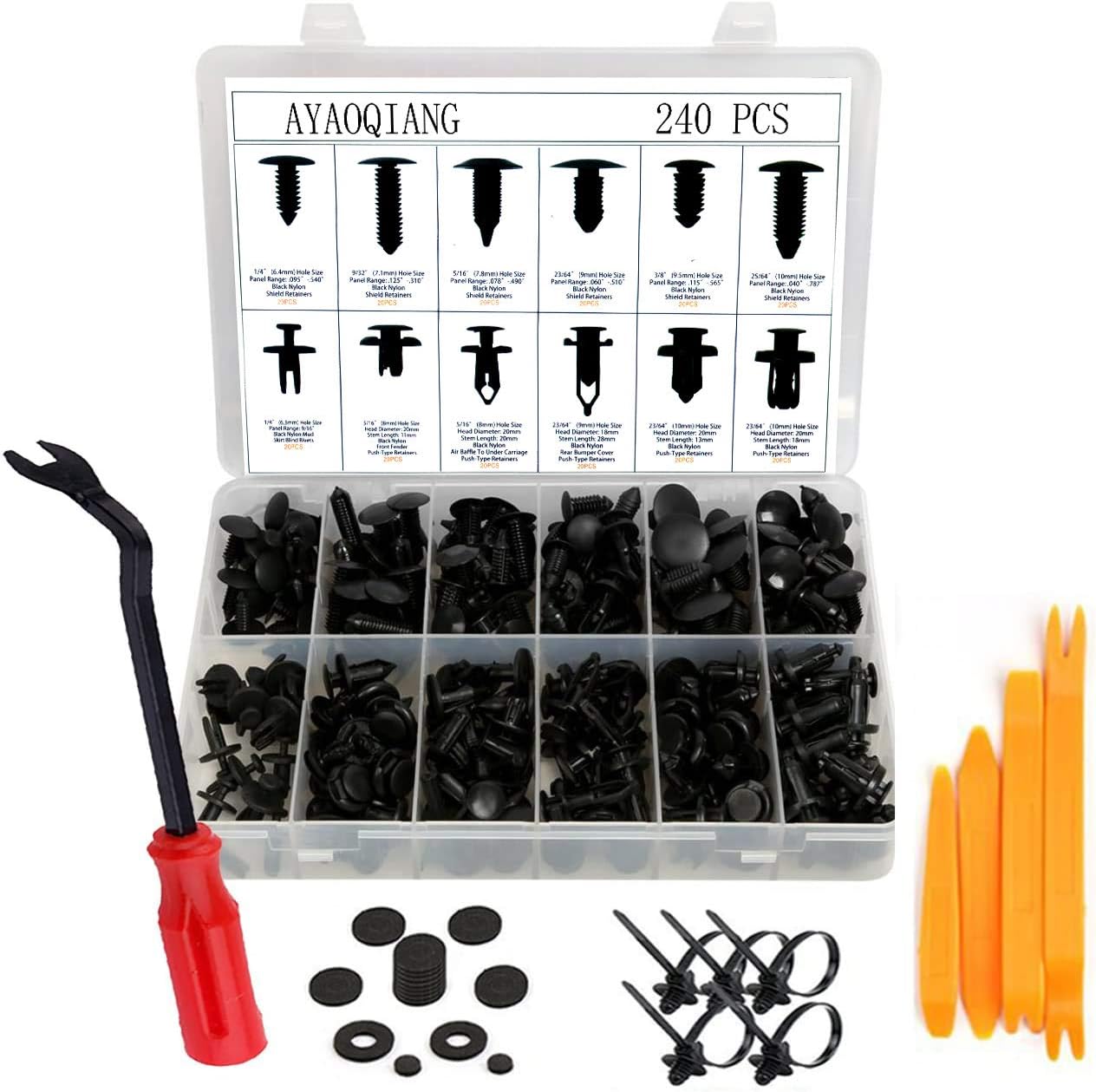270 Pcs Car Retainer Kit with Plastic Fastener Remover - 12 MOST Popular Sizes - Auto Push Retainer Set For GM BMW Audi Nissan Subaru, Dash Radio Door Panel Window Molding Fastener Trim Removal