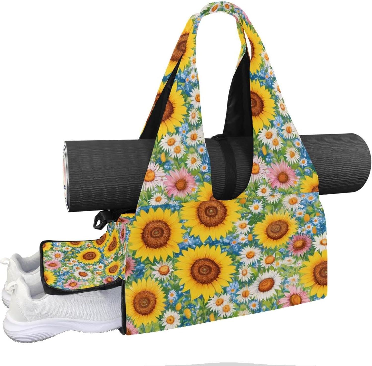 Yoga Mat Bag, Gym Workout Bag with Shoe Compartment, Sunflower Pilates Bag for Women, Quick Access Storage Yoga Tote Bag for Sports Travel Office