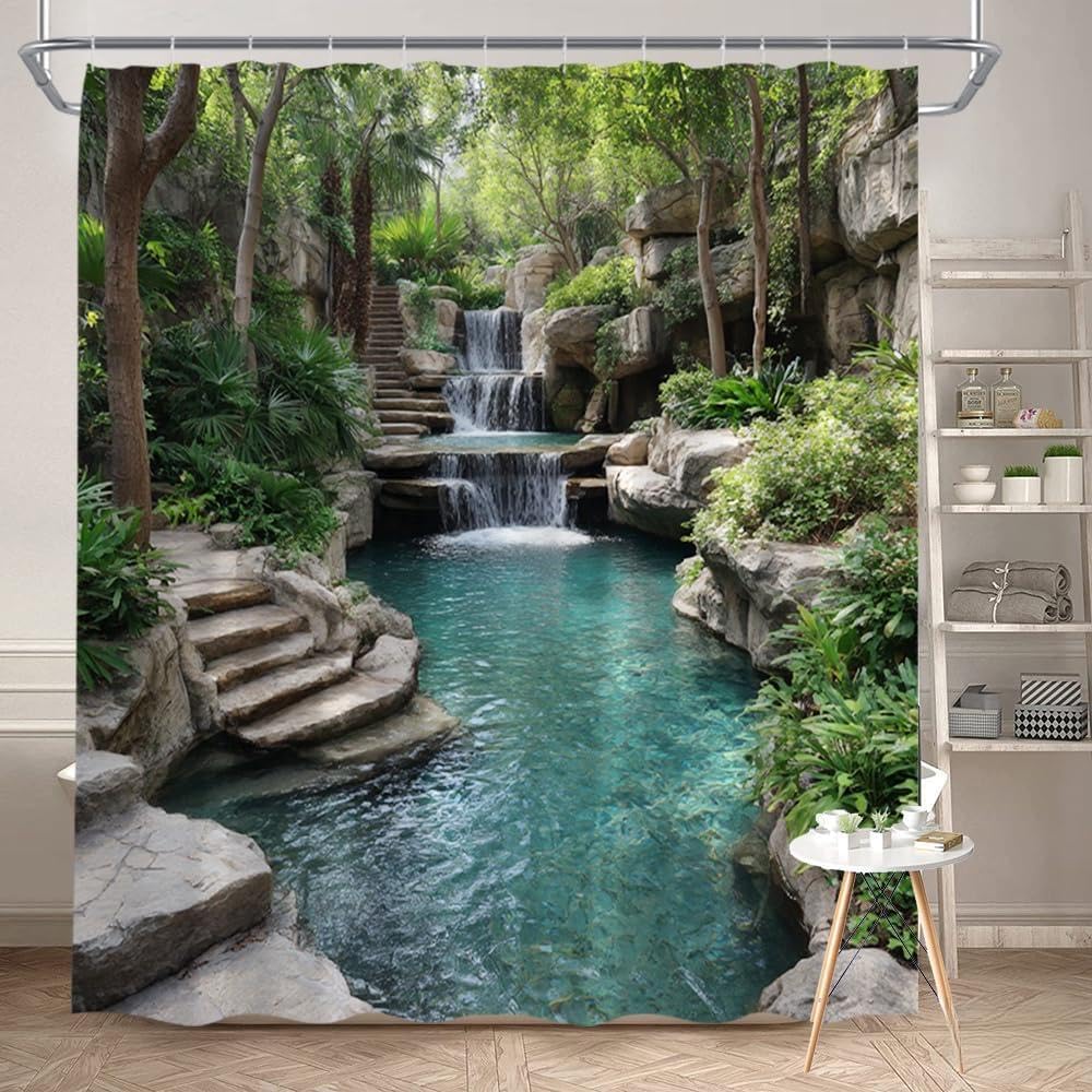 GLWDMB 1 Piece 150x180CM Tropical Waterfall Scene Printed Shower Curtain With Hook, Polyester, for Windows And Walls, Bathtub, Bathroom, Machine Washable, All Season Universal