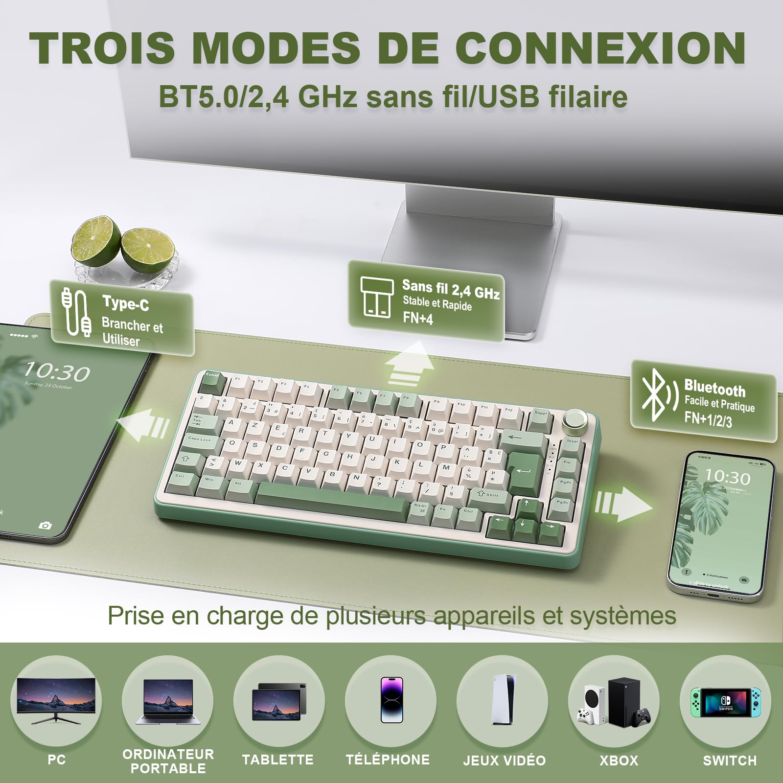 YUNZII B75 PRO Teclado mecánico inalámbrico para juegos, diseño AZERTY, formato 75%, Bluetooth 5.0/2.4GHz/USB-C, RGB, conmutadores intercambiables en caliente, estructura gasket (Matcha Green, Milk | francés. Disposición 75%, Bluetooth 5.0/2,4/USB-C con c