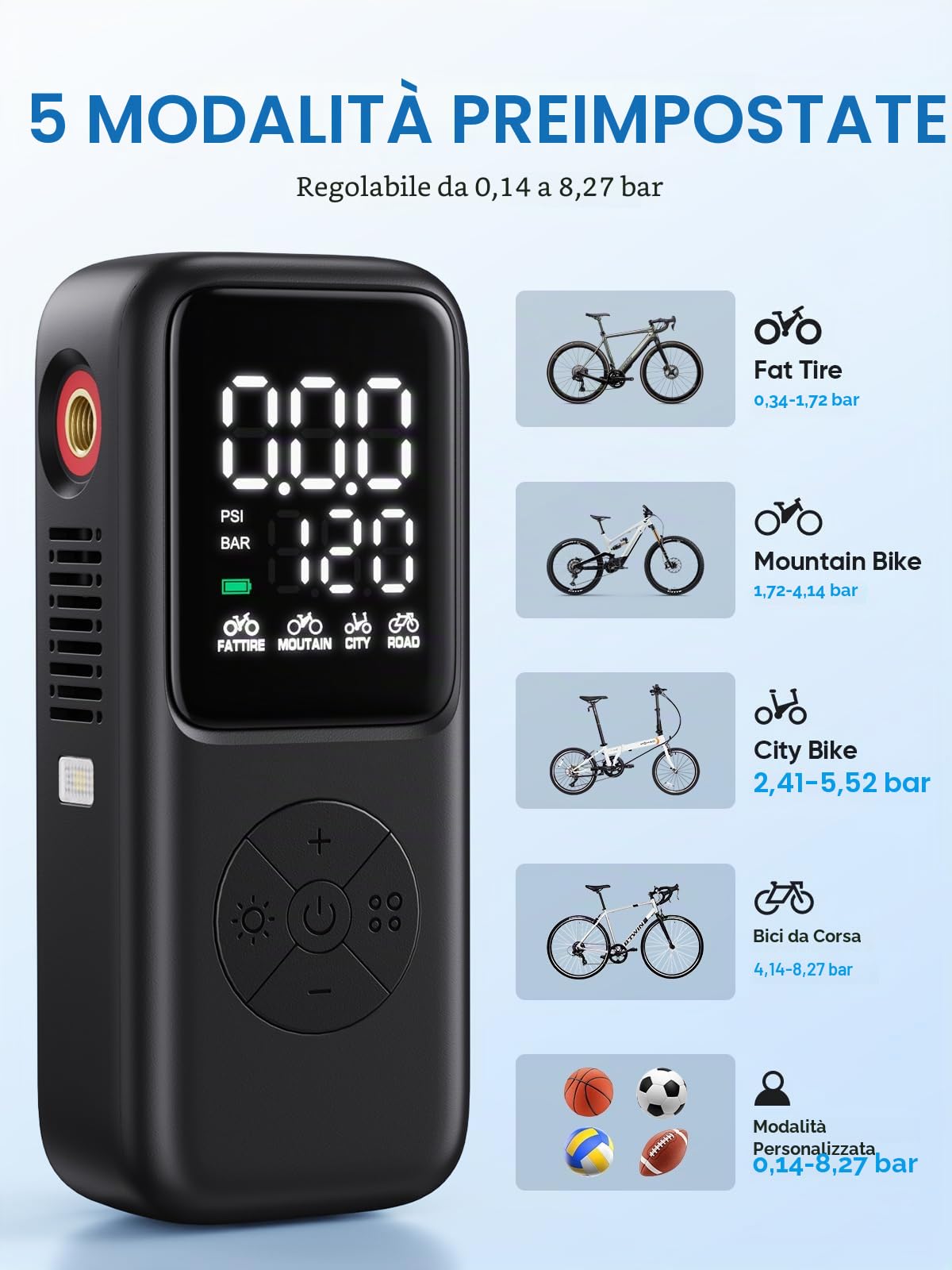 GPUTEK Mini pompa elettrica per bicicletta, 120 PSI con manometro e 5 modalità preimpostate per valvole Schrader e Presta, per bicicletta da strada, da montagna, da città e per pneumatici grassi.