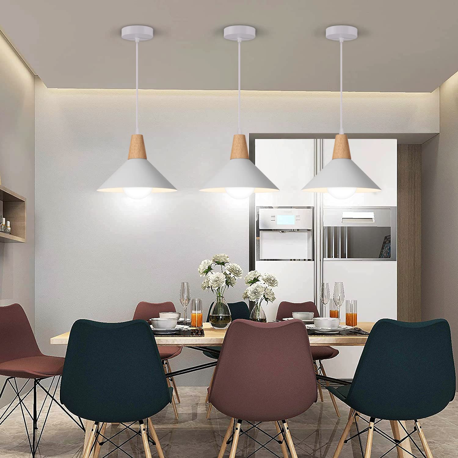 Lampada a Sospensione Retrò LED Lampada a Soffitto in Legna Metallo Moderna Lampadario a Scandinavo Plafoniera per Soggiorno Sala Da Pranzo Camera,25cm (Bianco 2 Pezzi)