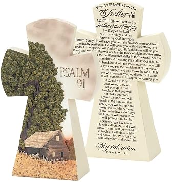 Dicksons Barn and Farm Scene Psalm 91 Cross 7.5 Resin Stone Table Top Figurine
