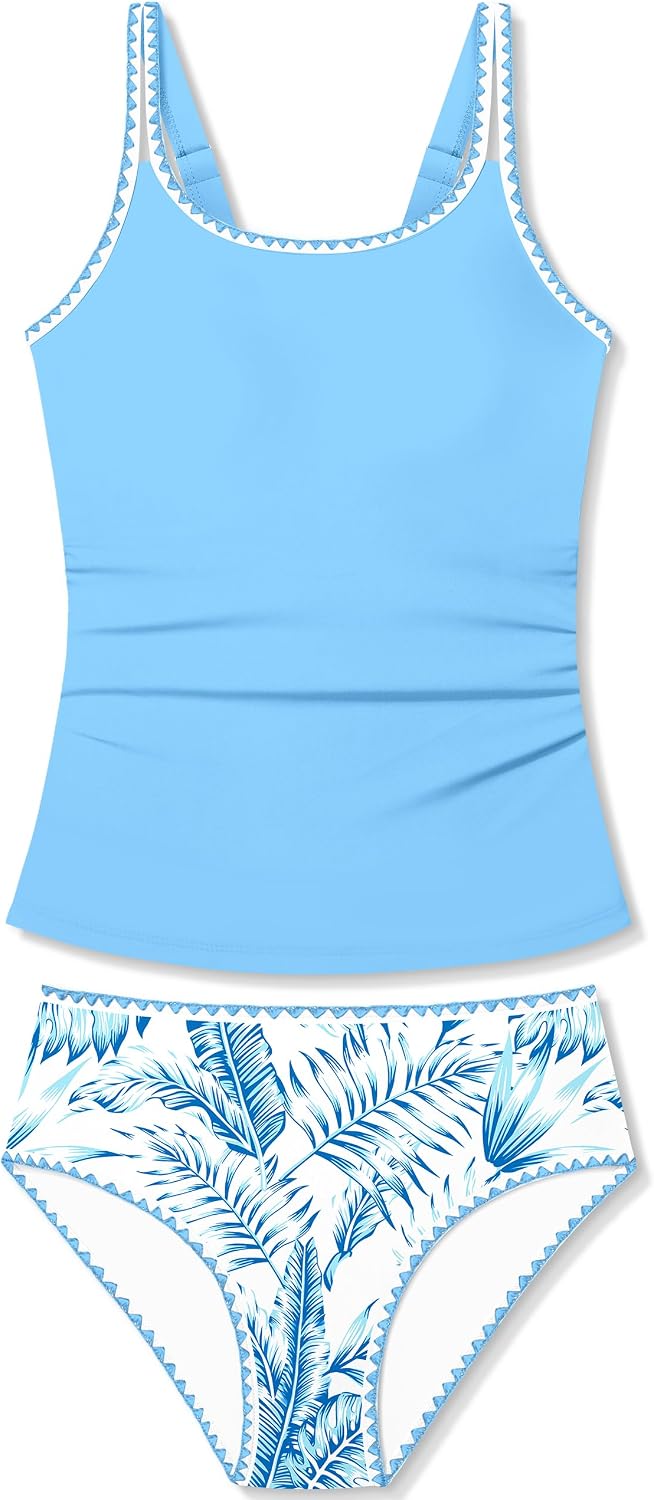 Girls Swimsuit Solid Color 2 Piece Bathing Suit Contrast Trim Girls Tankini Adjustable Straps Modest Swimwear 9-16y