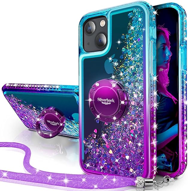 Miss Arts iPhone 13 Case, [Silverback] Moving Liquid Holographic Glitter Case with Kickstand, Girls Women Bling Diamond Ring Slim Protective Cover for iPhone 13, 6.1 inch -Purple