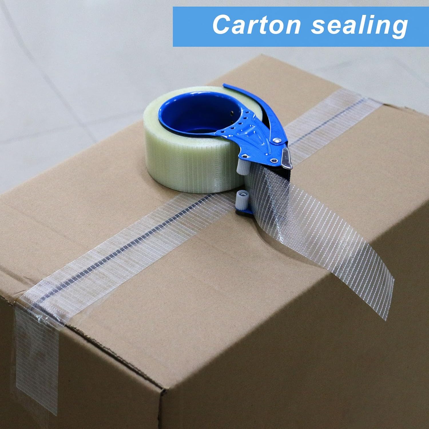 BOMEI PACK 4Rolls Filament Strapping Tape 2Inch with Dispenser, Heavy Duty Fiberglass Reinforced Packing Tape for Shipping, Cross Bi Directional Filament Tape 2inch x 30Yds x 5.9Mil, Total 120Yds